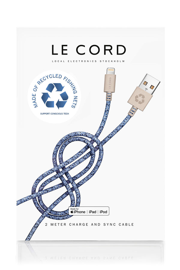 Cable iPhone Lightning azul · 2 metros · Fabricado con redes de pesca recicladas