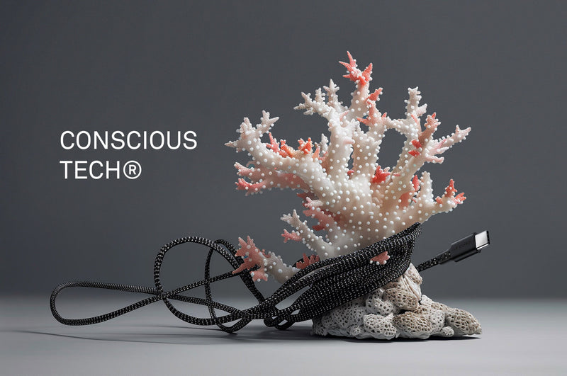 Coral with a USB cable on a gray background, featuring the 'Conscious Tech' brand.